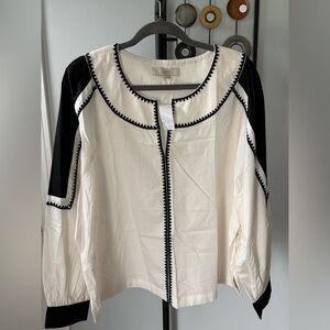 LOFT Cream Top with Black Zigzag Trim